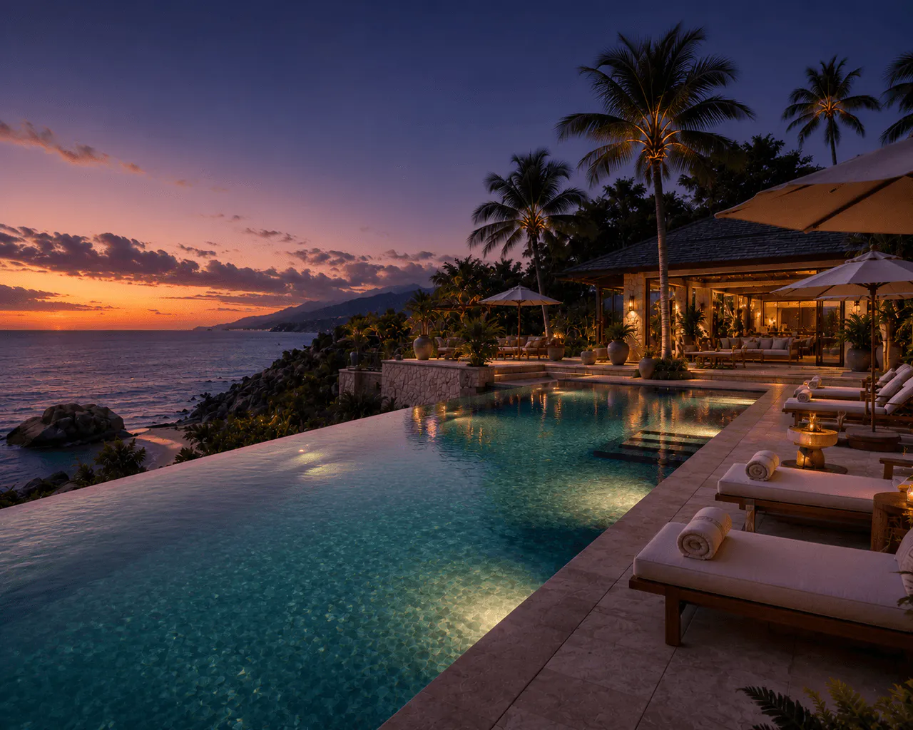 The main infinity pool at twilight